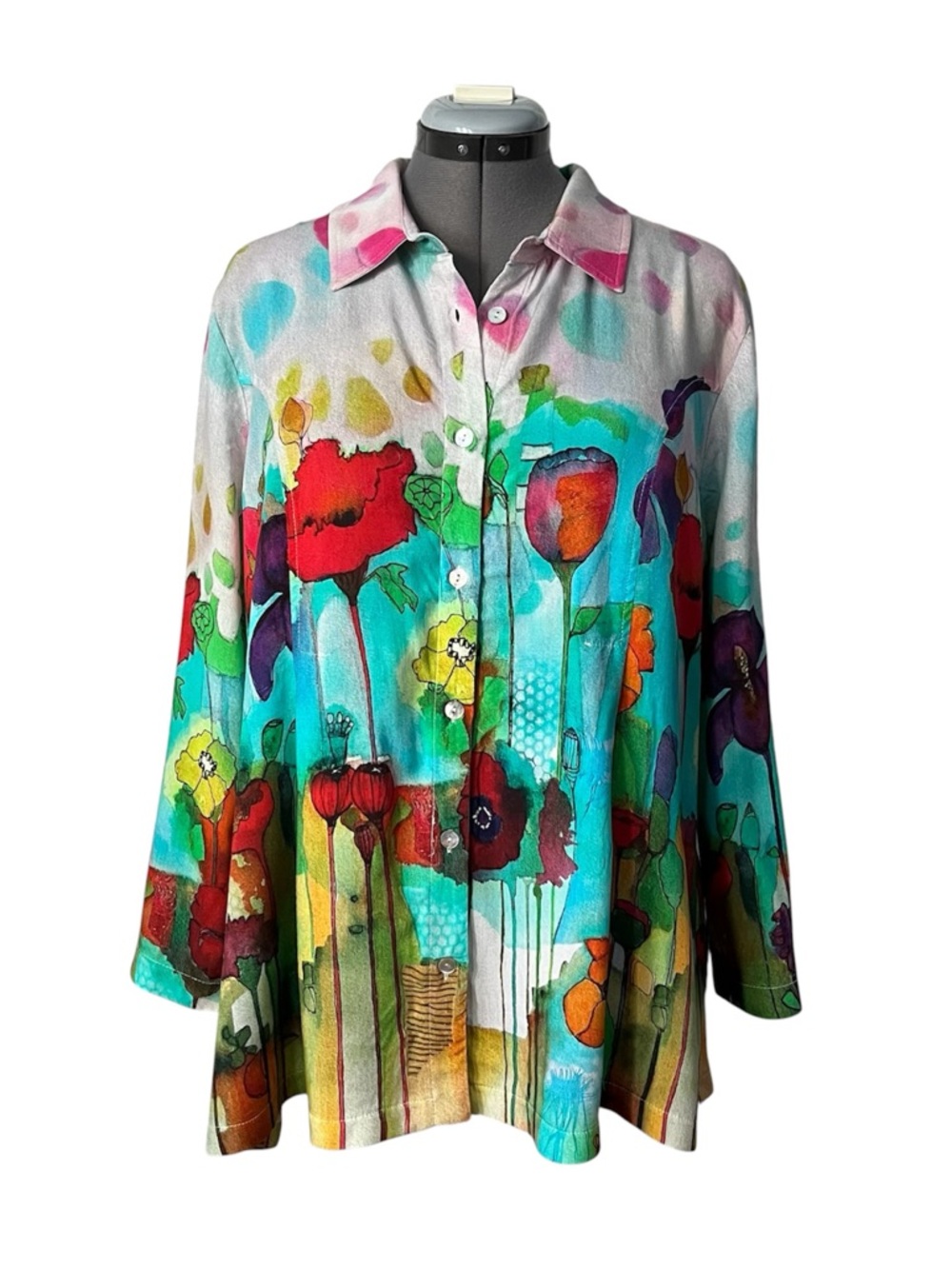 Art by Dolcezza Poppies Artist button front tunic top XL